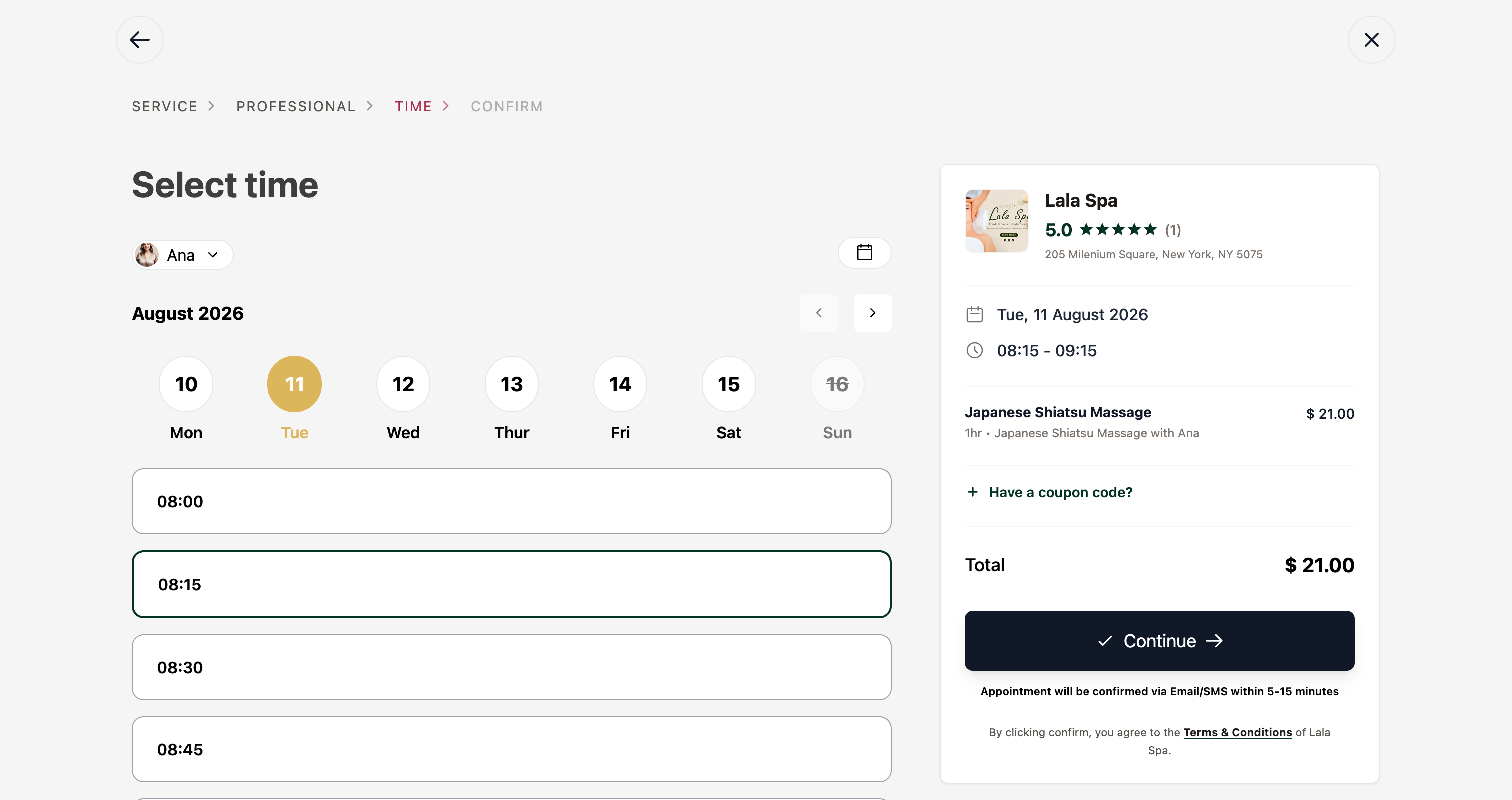 Booking flow — select time